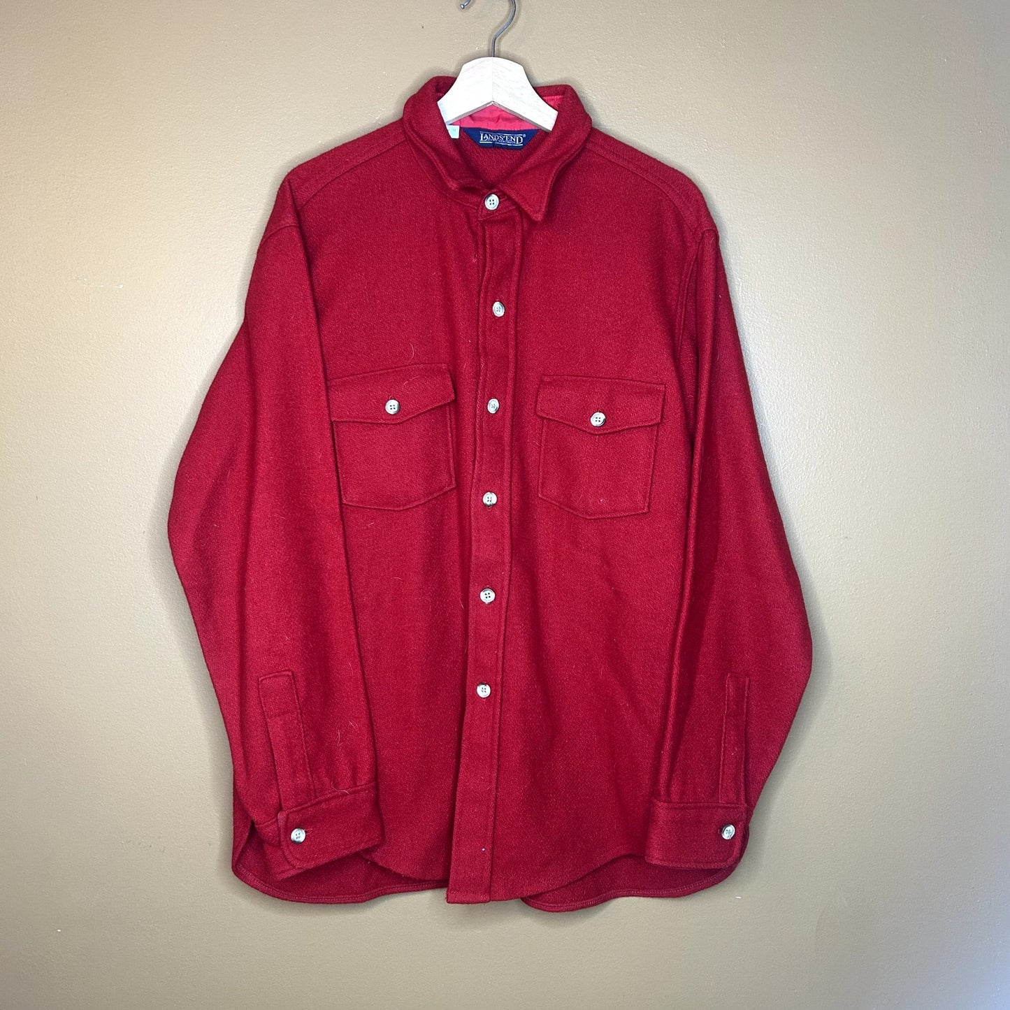 Vintage Lands End Red Wool Button Up T-Shirt Large