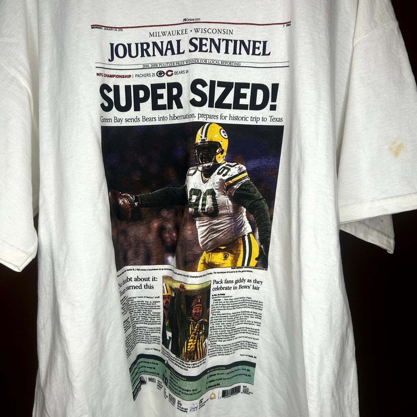 Y2K 2010 Bj Raji Packers Newspaper T-Shirt XL