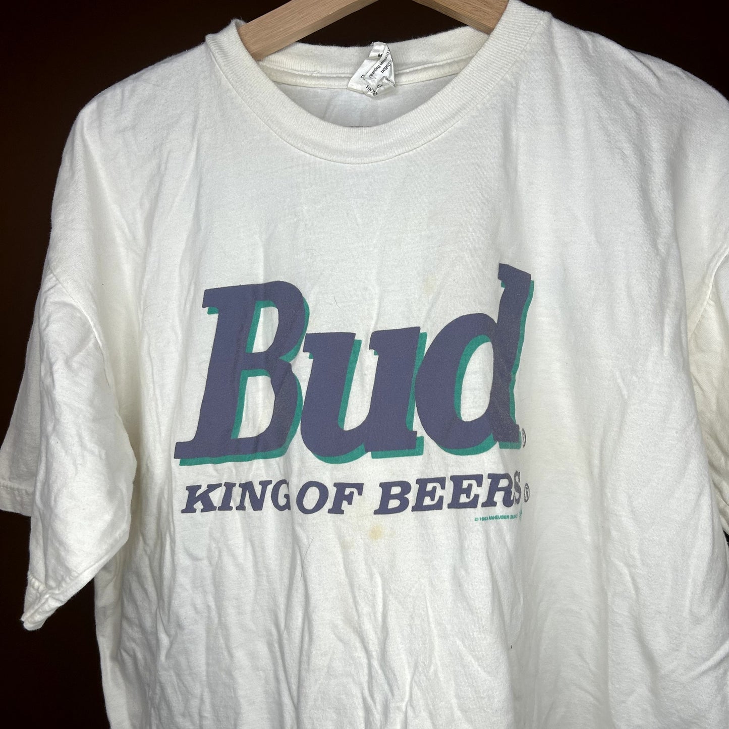 Vintage 90s Bud King Of Beers T-Shirt has stains