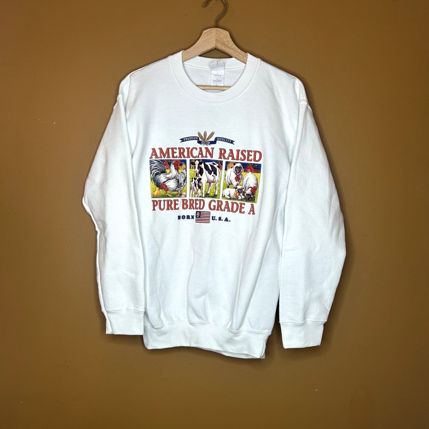 Y2K American Raised Farmer White Crewneck Small
