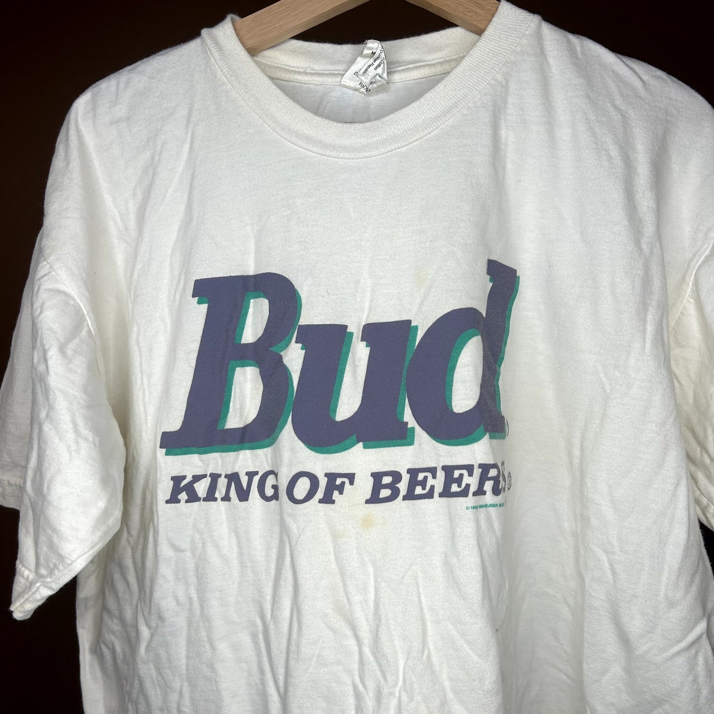Vintage 90s Bud King Of Beers T-Shirt has stains