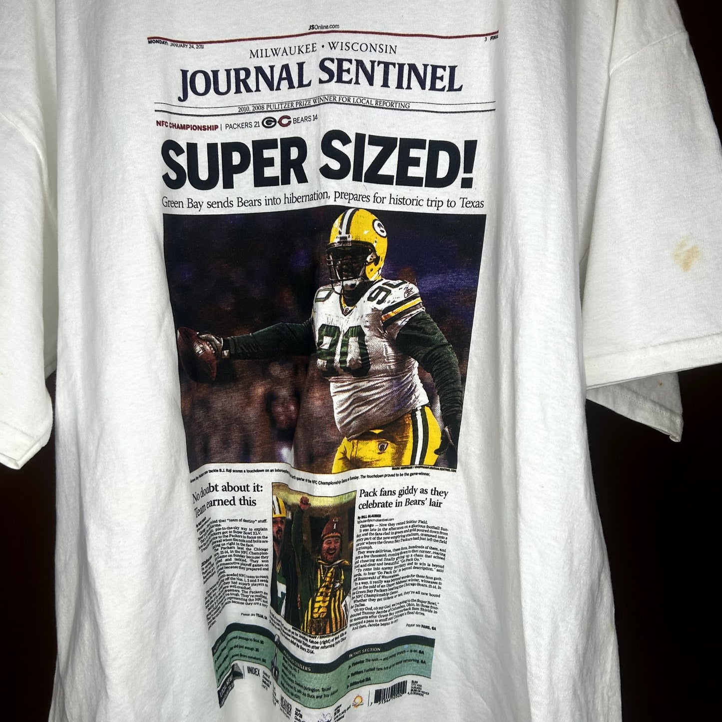 Y2K 2010 Bj Raji Packers Newspaper T-Shirt XL
