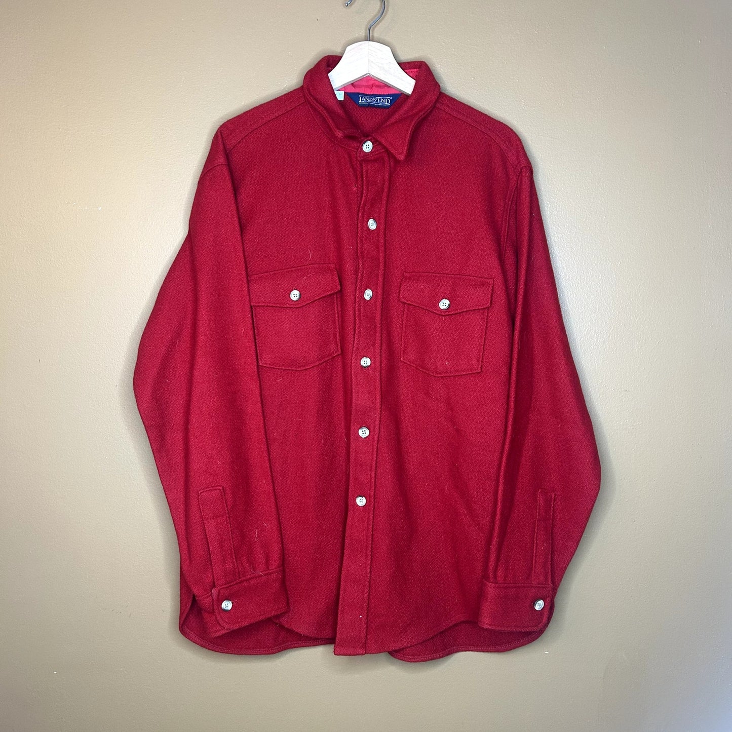 Vintage Lands End Red Wool Button Up T-Shirt Large