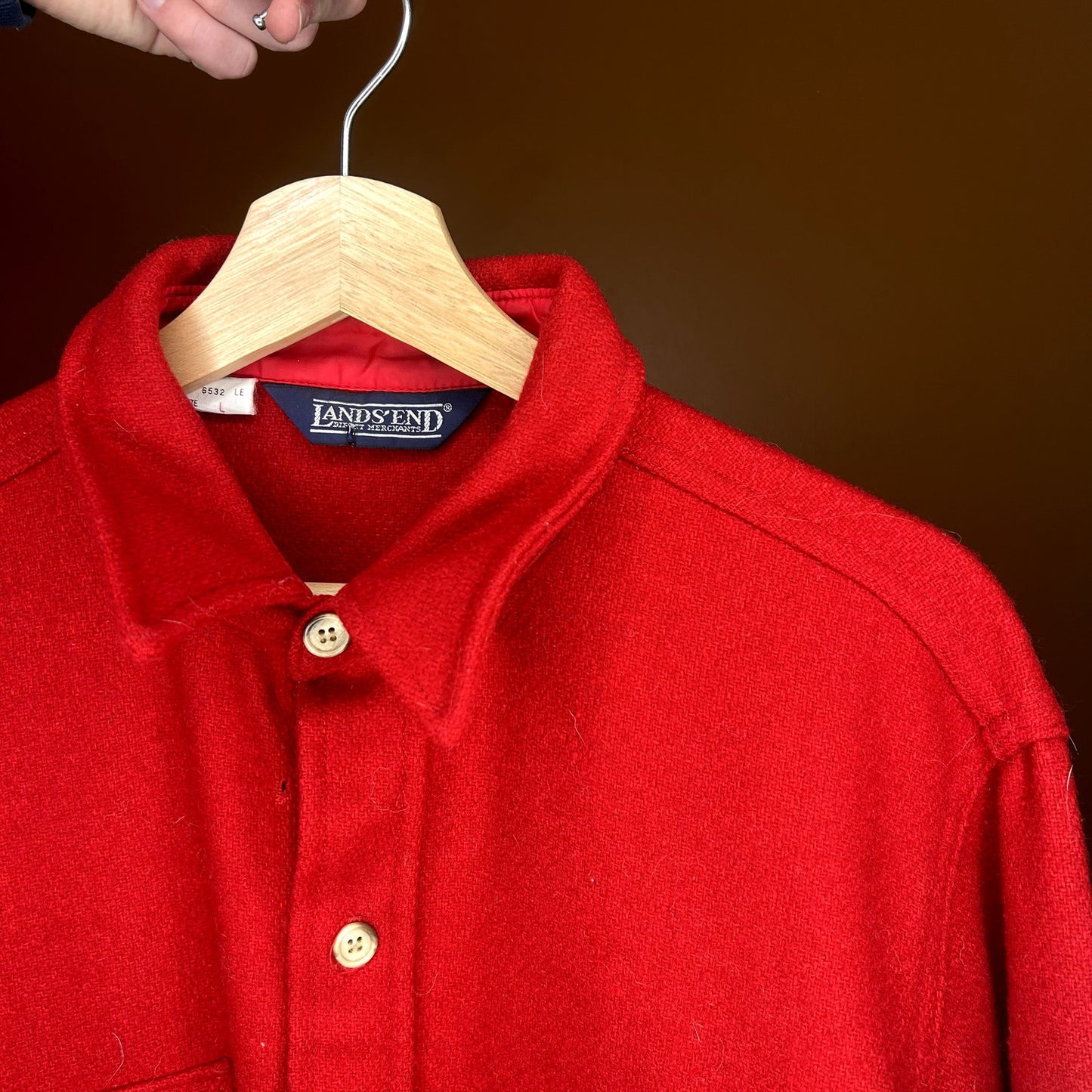 Vintage Lands End Red Wool Button Up T-Shirt Large