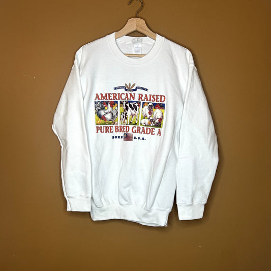 Y2K American Raised Farmer White Crewneck Small