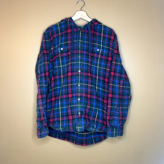 LL Bean Plaid Button Up Hoodie Large
